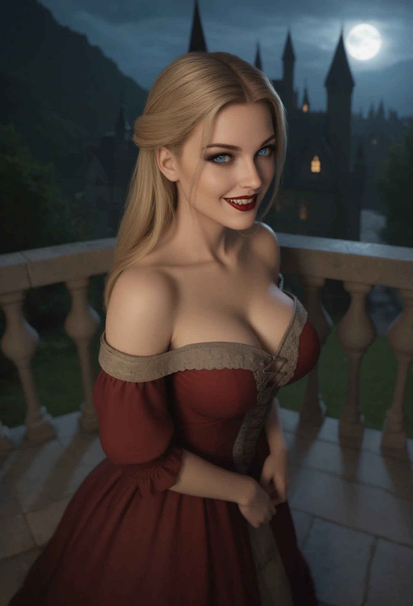 score_9, score_8_above, score_7_above, 1girl, large_breasts, royal_garden, medieval_castle, elegant_green_dress, off_shoulder_dress, evil_smile, cute_woman, blonde, long_hair, side view, from_above, night, moonlight, cinematic film still, RAW photo, perfect lighting, volumetric lighting, Galadriel, stuning, goddess, (vampire:1.5), blue_eyes
