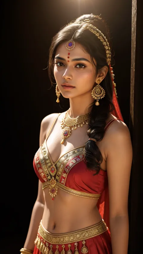 young indian girl, 18-year-old, old looking top, 100 ad style dress, gentle lighting, intricate facial details, flawless complex...