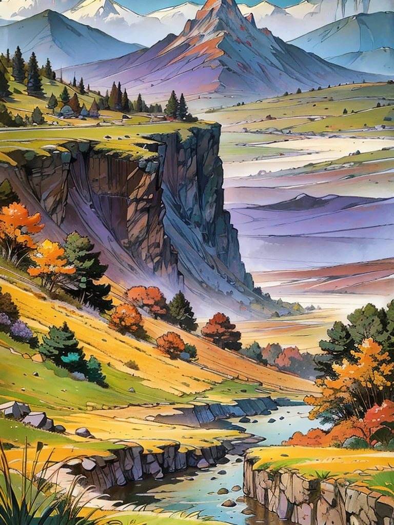 背景是色彩斑斓的紫色底色雄伟的山脉，山下是草谷，一条小溪流过 