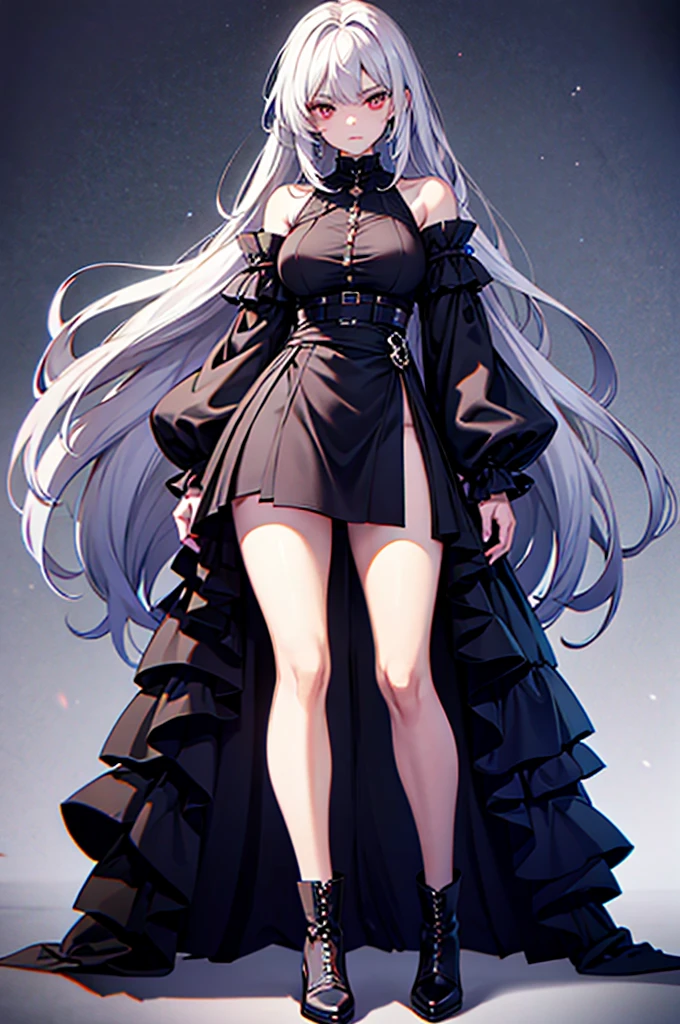 Girl, 20 years old, with long white hair down to below her waist, a serious yet tender expression, and red eyes. Her hair features black streaks. She wears antique-style clothing, a long black dress with a slit on the legs, and high black boots that almost reach her knees. Her power and background are related to shadows and darkness. dark escense, figth stance