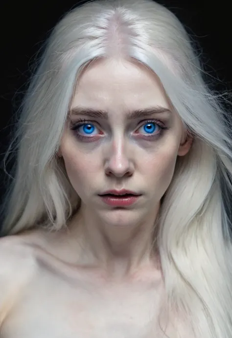 a woman with long white hair and blue eyes ,pale skin,expression of sadness ,naked,unclothed,long breasts,in a dark horror envir...