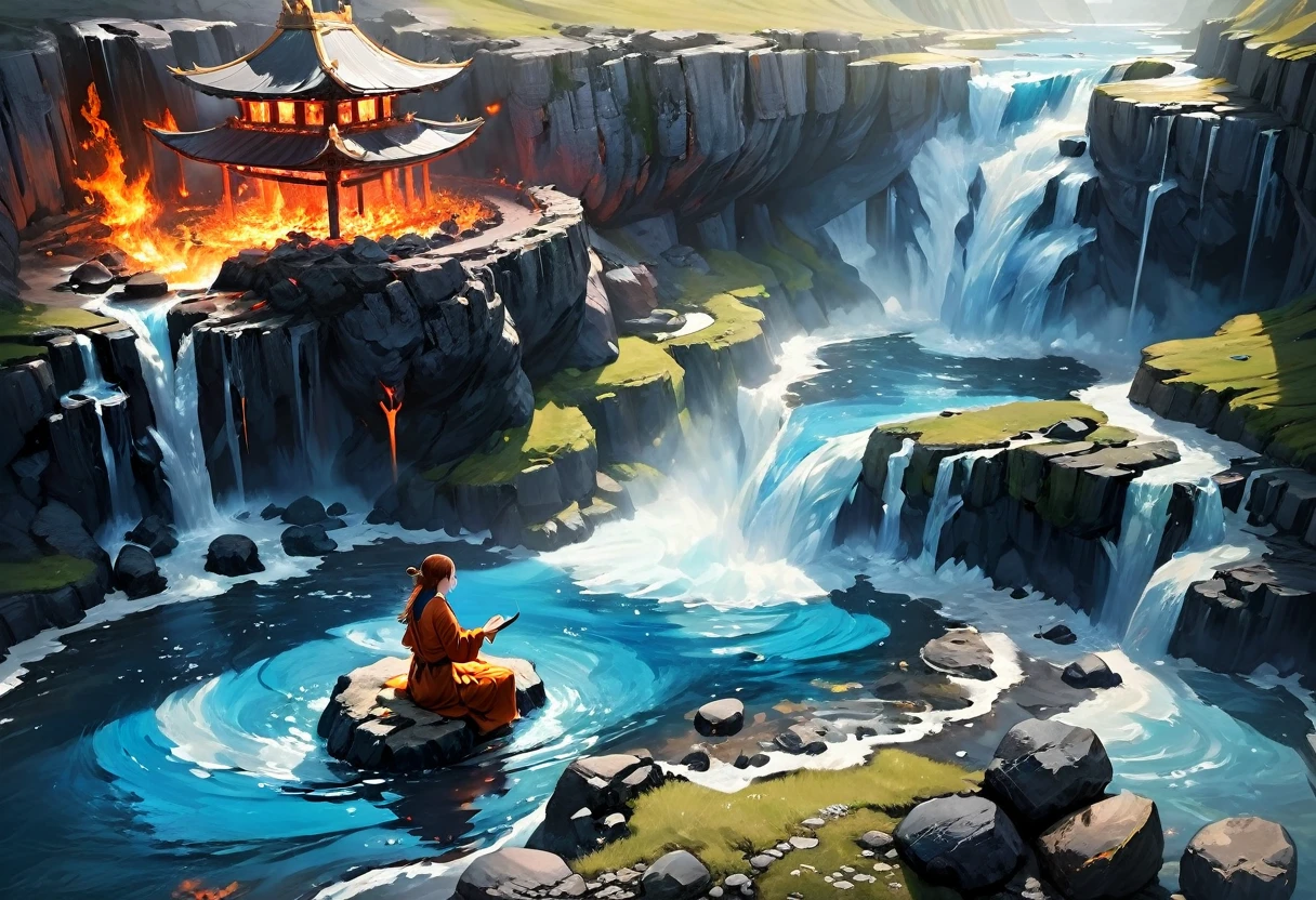 a picture of a (female monk: 1.2) sitting and meditating near a waterfall, at the base of the waterfall,  there is a human woman monk wearing monk garbs, meditating near a bonfire near an (epic sized waterfall: 1.3), red hair, long hair, full body (best details, Masterpiece, best quality :1.5), ultra detailed face (best details, Masterpiece, best quality :1.5), ultra feminine (best details, Masterpiece, best quality :1.5), exquisite beautiful (best details, Masterpiece, best quality :1.5) red hair, long hair, wavy hair, pale skin, blue eyes, intense eyes, water coming down from a volcanic cliff, multi level water falls, several pools created in different levels, forming new waterfalls, water cascading into a (large lava pool: 1.3) steam rising, clear water in many hues of blue and azure, fantasy art, photorealistic, D&D art, ultra best realistic, best details, best quality, 16k, [ultra detailed], masterpiece, best quality, (extremely detailed), ultra wide shot, photorealism, depth of field, hyper realistic painting, faize, perfecteyes, drkfntasy