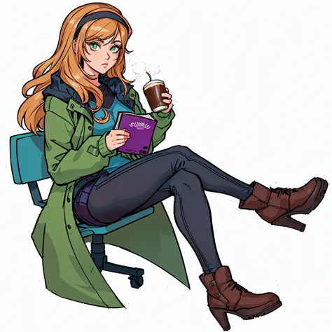cartoon girl sitting on a chair with a cup of coffee and a book, mysterious coffee shop girl, urban girl fanart, molly from the ...
