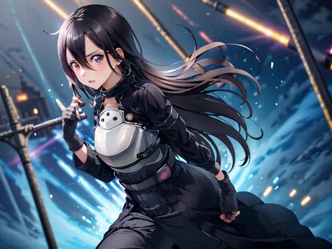 1 girl, cowboy shot, beautiful kirito_gmos, long hair, black hair, black eyes, on open air, kirito_suit, night,city , volumetric...