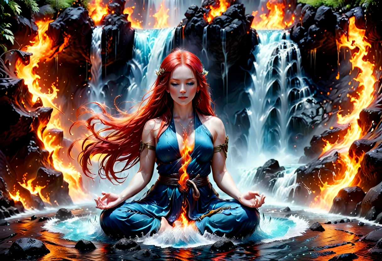 a picture of a (female monk: 1.2) sitting and meditating near a waterfall, at the base of the waterfall,  there is a human woman monk wearing monk garbs, meditating near a bonfire near an (epic sized waterfall: 1.3), red hair, long hair, full body (best details, Masterpiece, best quality :1.5), ultra detailed face (best details, Masterpiece, best quality :1.5), ultra feminine (best details, Masterpiece, best quality :1.5), exquisite beautiful (best details, Masterpiece, best quality :1.5) red hair, long hair, wavy hair, pale skin, blue eyes, intense eyes, water coming down from a volcanic cliff, multi level water falls, several pools created in different levels, forming new waterfalls, water cascading into a (large lava pool: 1.3) steam rising, clear water in many hues of blue and azure, fantasy art, photorealistic, D&D art, ultra best realistic, best details, best quality, 16k, [ultra detailed], masterpiece, best quality, (extremely detailed), ultra wide shot, photorealism, depth of field, hyper realistic painting, faize, perfecteyes, drkfntasy