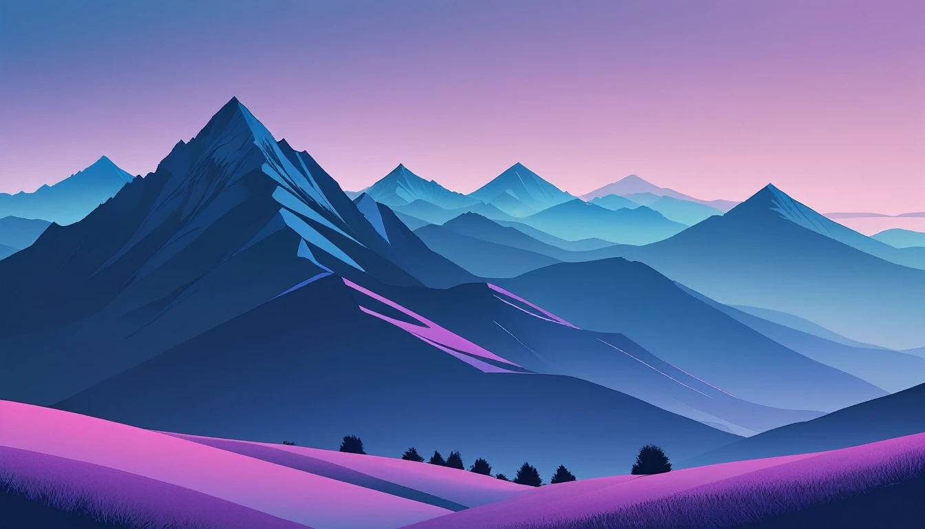 /I Imagine a minimalist landscape of geometric mountains, with layered shades of blue creating a tranquil, dusk-like atmosphere. A single, bold line defines the horizon, under a gradient sky transitioning from deep navy to soft lilac. hd, stunning, --ar 9:16 --stylize 250
