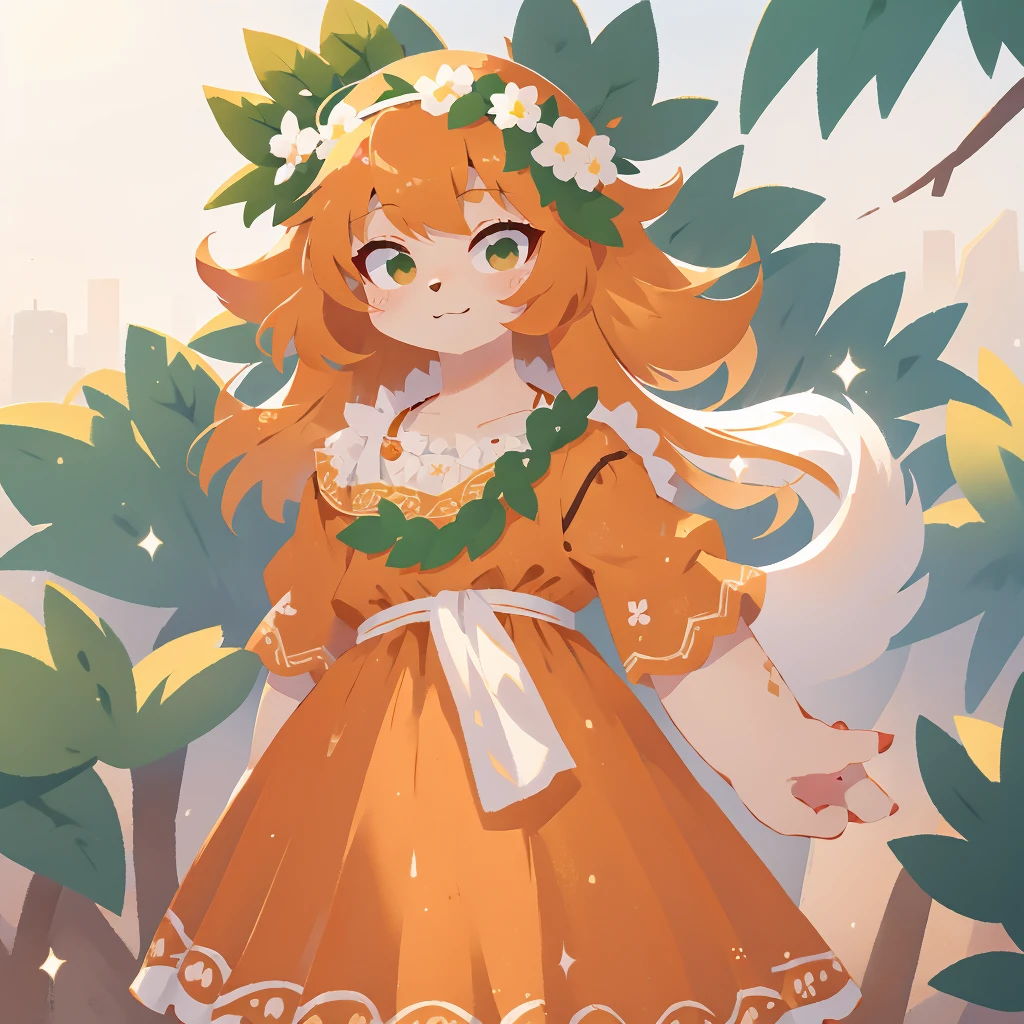 Furry, orange fur, orange hair, white details on fur, wearing mexican dress, wearing laurel wreath, 90s anime style