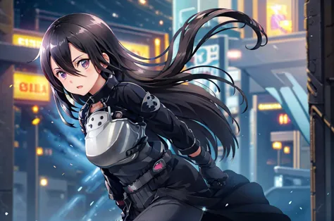 1 girl, cowboy shot, beautiful kirito_gmos, long hair, black hair, black eyes, on open air, kirito_suit, night,city , volumetric...