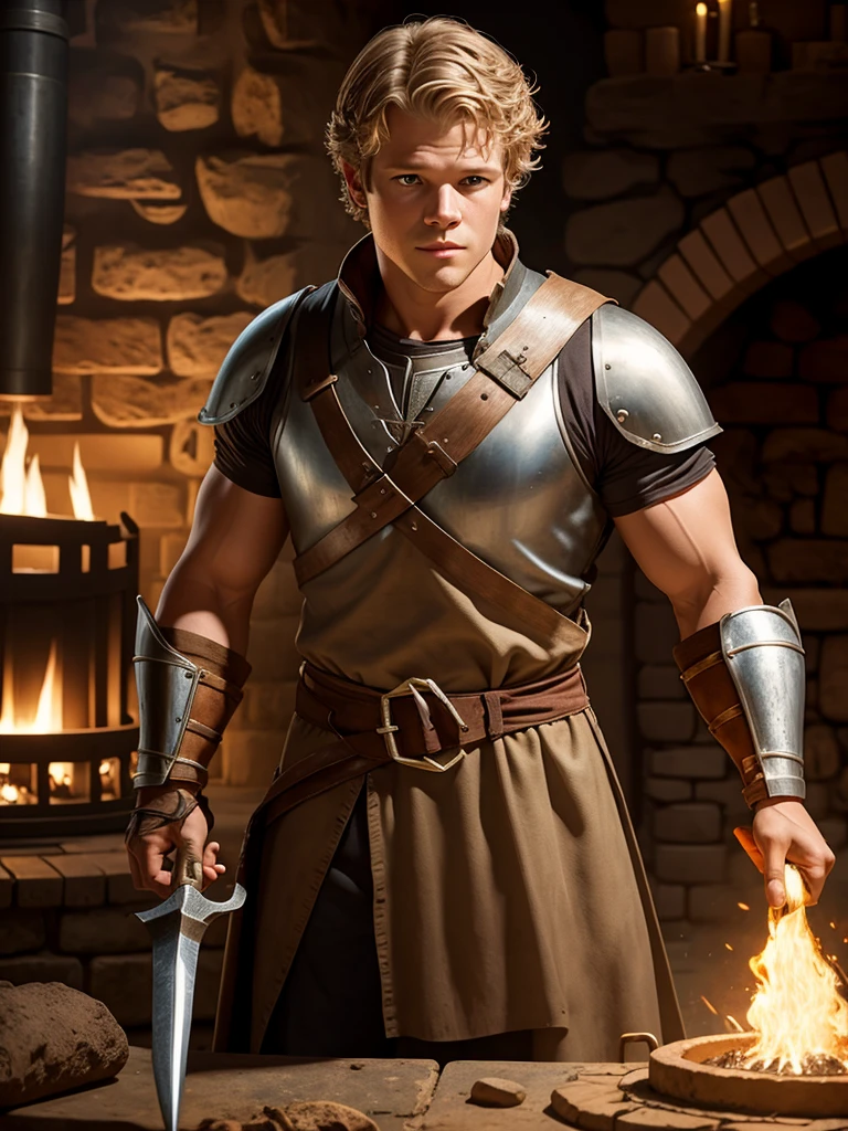 Christopher Egan as a handsome medieval knight in the forge forging a horseshoe