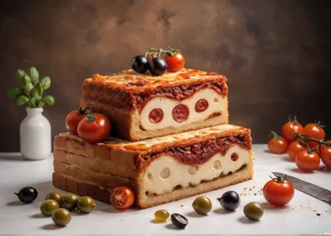 the sweet cake is rectangular in shape, on a white background, on top of the cake is written Osteria Mario and Швили, the cake s...