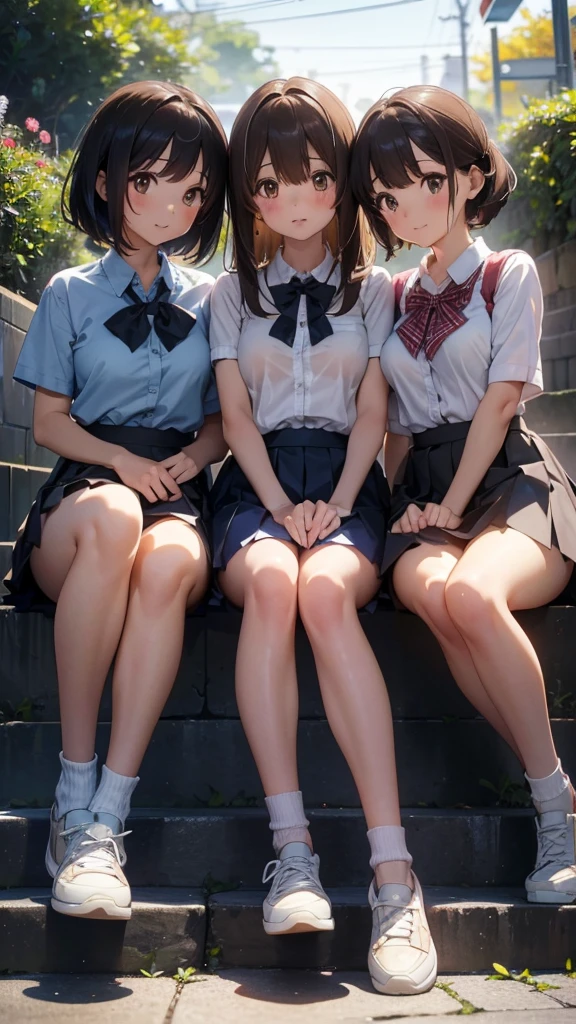 Three happy girls were sitting on the stone steps, Take a full body photo、Have fun and laugh、She was wearing a white blouse, Vans sneakers, Red checked skirt、White sneakers, Black Hair, detached houses, Flowers,Happy girl with round face, Big eyes, Long eyelashes, Full-body display、Detailed Private Parts、Hairless、Detailed female genitalia、Spread your legs、真From below、I see your white pants、Highest quality, 超High resolution, (Realistic: )2D official style cel animation,((Like Hayate！Three girls sitting in a row。))mini skirt,summer shirt,(Lace panties),loose socks,sneakers,Full body portrait,(From below),Station stairs,sunny,Troubled face,Spread your legs(Two Girls), (Highest quality), (Super detailed), (Detailed light), (Very delicate and beautiful), Brown Hair, Brown eyes, model, (Beautiful big boobs:1.3), Bare shoulders, (Bare Chest:1.2), (High , Pleated skirt:1.3), (High  with wide open breasts:1.4), Highest quality, Highly detailed CG synthesis 8k wallpaper, High resolution RAW color photos, Professional photography, (((bokeh))), Depth of written boundary, Beach, Ocean, Twilight, sunset,　White panties、Brown Loafers、smile、Bright classroom、(((alone))),(((1 girl))),  Slim and beautiful thighs,  Highly detailed skin, masterpiece, Highest quality, Very detailed face, Vibrant colors, Depth of written boundary, Cinema Lighting,, One girl, alone, Brown eyes, Brown Hair, hair ornaments,short hair,Red Check Skirt,blush, White shirt, masterpiece Highest quality High resolution、Sit with your knees bent、Beautiful feet 、On campus、As if looking up from below、Embarrassing,Browsing Caution,White panties,Camel Toe、((Tabletop, Highest quality, High resolution,  Pixel perfect, 4K, ))), 1 Girl, single, alone, Beautiful woman、I could see the whole body、 ((Short Wavy Hair, bangs, Brown Hair)), ((Brown eyes, Beautiful eyelashes, Realistic eyes)), ((Detailed face, blush:1.2)), ((Smooth texture:0.75, Realistic texture:0.65, Realistic:1.1, Anime CG Style)), Medium chest, Dynamic Angle, Perfect body, ((school uniform,  White shirt, Red Skirt, Unbuttoned shirt、Red Check Skirt、White socks)), An empty classroom、Sit at a desk、I took my feet off the desk.、smile、(Lift up your skirt with your right hand、Spread your legs、Knees wide open、白いLace panties)、、(Cute bra)、From below angle
