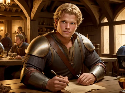 christopher egan as a handsome medieval knight sits at a table in a tavern, in front of him is a fat, obsequious innkeeper