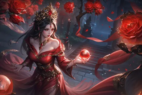 a beautiful and mysterious gypsy woman with long flowing black hair, wearing a vibrant red dress, holding a floating crystal bal...