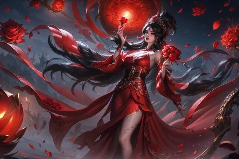 a beautiful and mysterious gypsy woman with long flowing black hair, wearing a vibrant red dress, holding a floating crystal bal...
