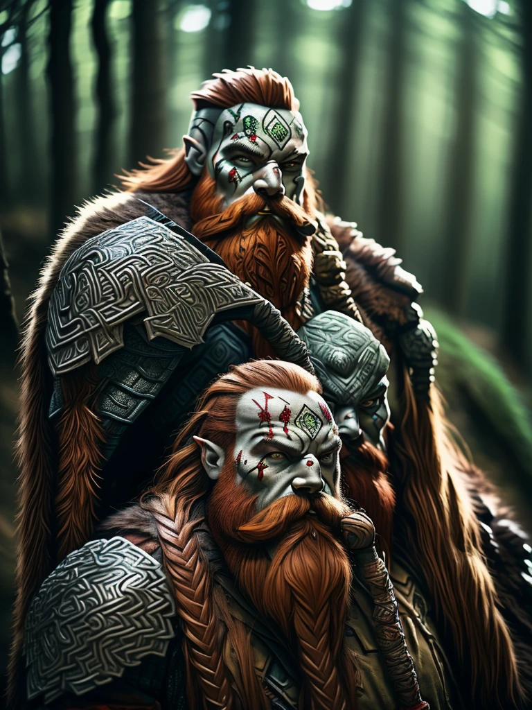 Male Mountain Dwarf, druid, Red beard, Emerald eyes, Bone piercings, black tribal face paint, wide angle, mountain background