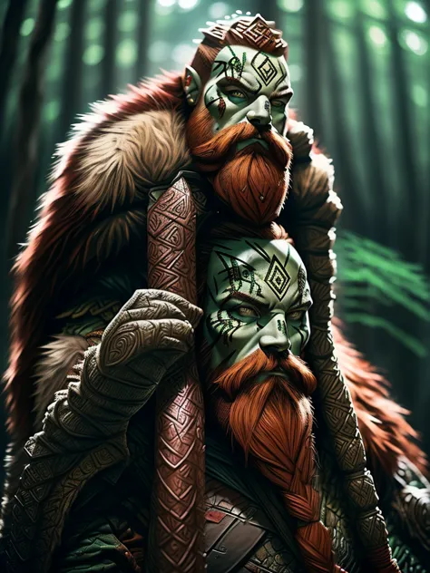 Male Mountain Dwarf, druid, Red beard, Emerald eyes, Bone piercings, black tribal face paint, wide angle, mountain background