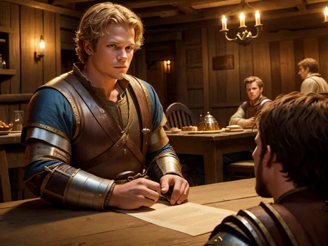 christopher egan as a handsome medieval knight sits at a table in a tavern, in front of him is a fat, obsequious innkeeper