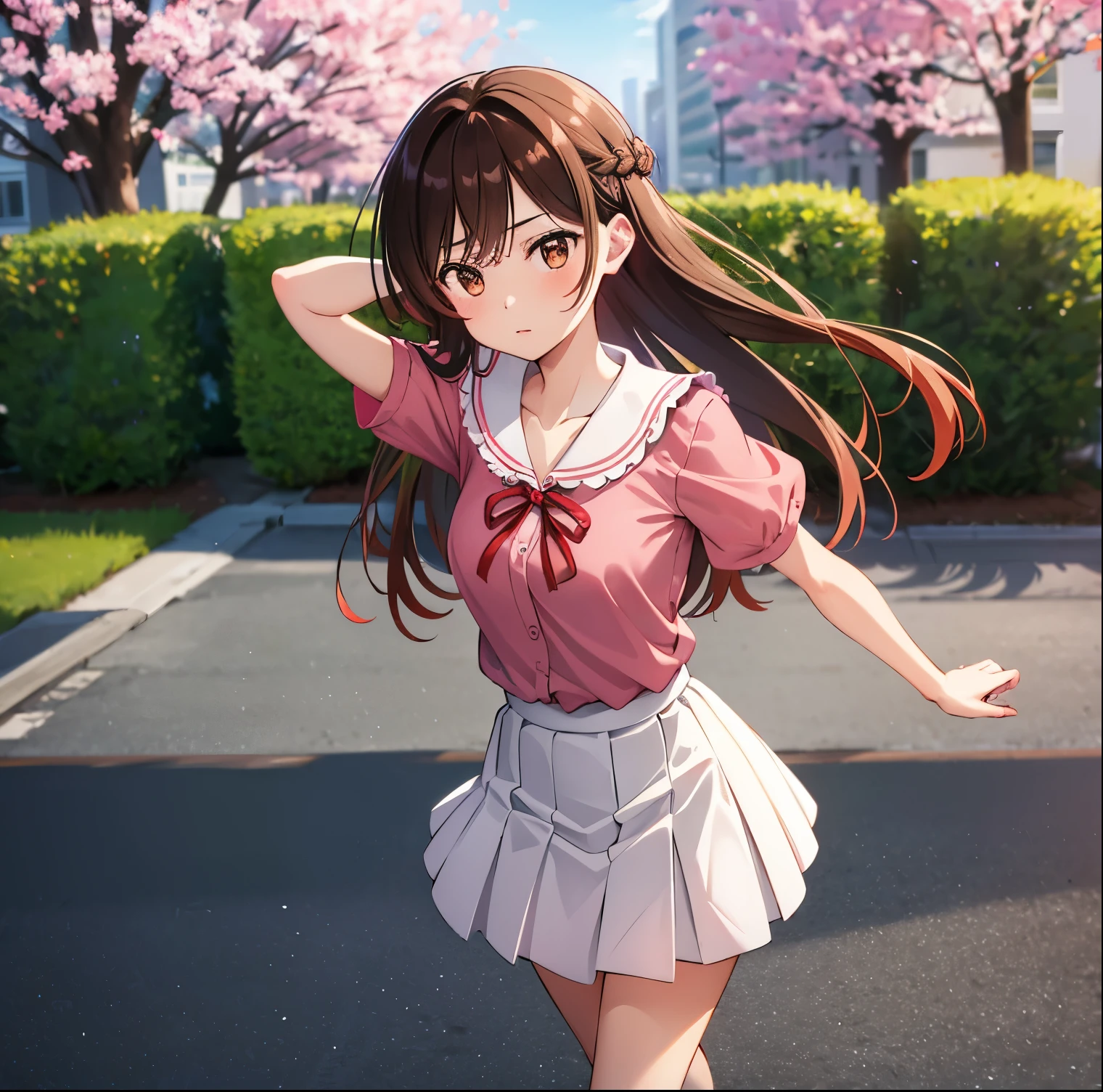 1 girl, alone, chizuru mizuhara, (masterpiece, best quality), ultra detailed, sharp focus, detailed background, detailed eyes, dynamic pose, cowboy shot, curvy body, perfect fingers, looking at viewer, brown hair, long hair , bangs, one side up, braid, brown eyes, ((pink shirt, short sleeves, red bow tie, white skirt, red bow, short puff sleeves, pleated skirt, red ribbon collar, collarbone)), big breasts, waist narrow, wide hips, medium thighs,((only)),((standing,outdoors,park,cherry trees,urban background, buildings, flowers, pink shoes, adjusting hair, wind, hair in the wind)) , looking forward,((focus on breasts)), pov:(from above), perfect anatomy, perfect hands