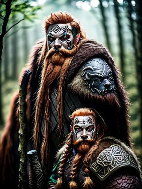 Male Mountain Dwarf, druid, Red beard, Emerald eyes, Bone piercings, black tribal face paint, wide angle, mountain background