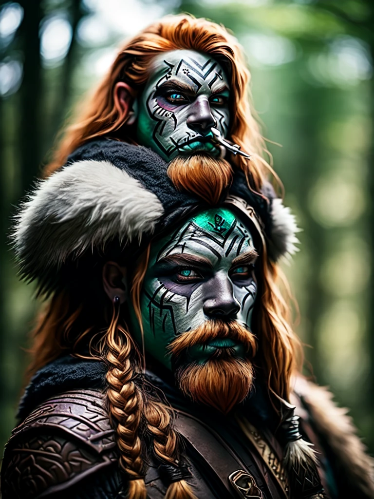 男性山矮人, 德魯伊, 紅鬍子, 翡翠眼睛, 骨穿孔, 黑色部落面漆, 廣角, 山背景