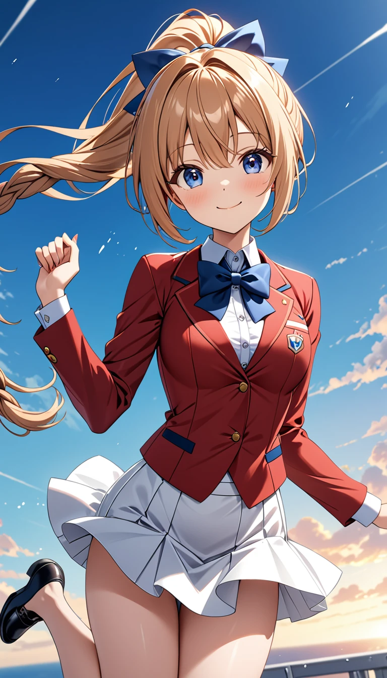 masterpiece, best quality, highres, ponytail hair, (single braid:1.2), hair ribbon, red blazer,buttoned blazer, blue bowtie, long sleeves, white skirt,smile,jumping ,posing,from front,background the sky, closed mouth,score_9, score_8_up, score_7_up, score_6_up, source_anime 