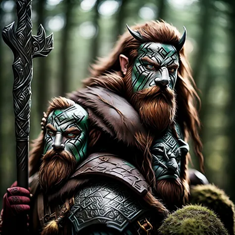 solo, Male, Mountain Dwarf, Druid, Red beard, Emerald Eyes, Black Tribal Face Paint