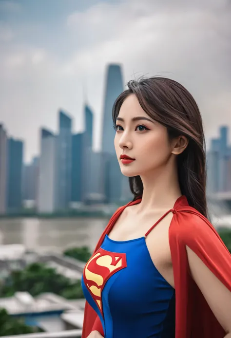 a close up of a asia woman in a superman costume standing on a cityscape, amouranth as a super villain, super photo realistic, r...