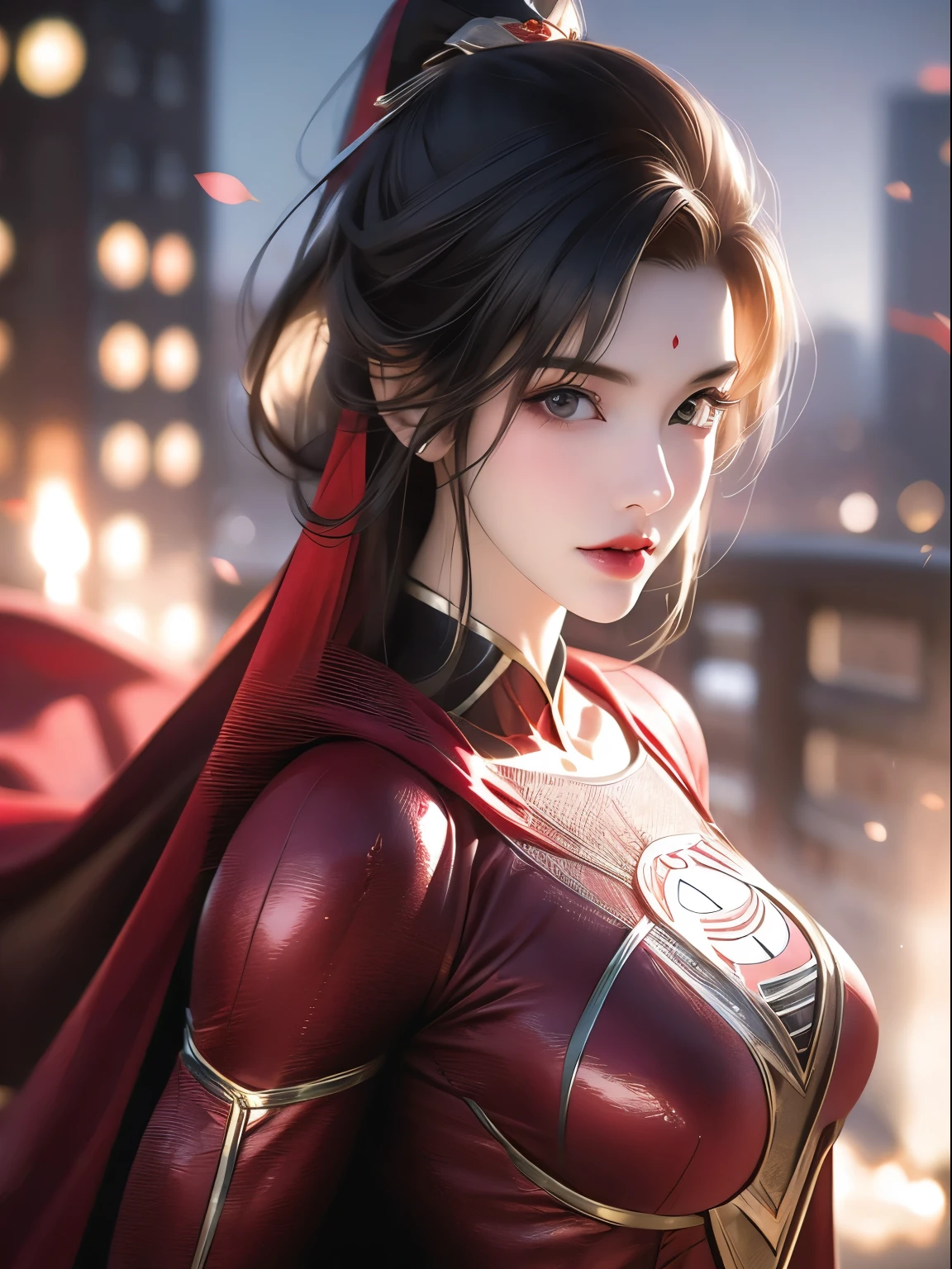 un gros plan d&#39;une femme asiatique dans un costume de superman debout sur un paysage urbain, Amouranth en super méchant, super photo réaliste, cosplay réaliste, super photo-réaliste, Ultra méga super hyper réaliste, fille de super-héros, photo super réaliste, super-héros body, photo de géante très détaillée, Super Girl, super-héros, super-héros portrait, Super modèle, super héros, Super photoréaliste, seins gigantesques, montrant le corps musclé des vulves, corps sexy,