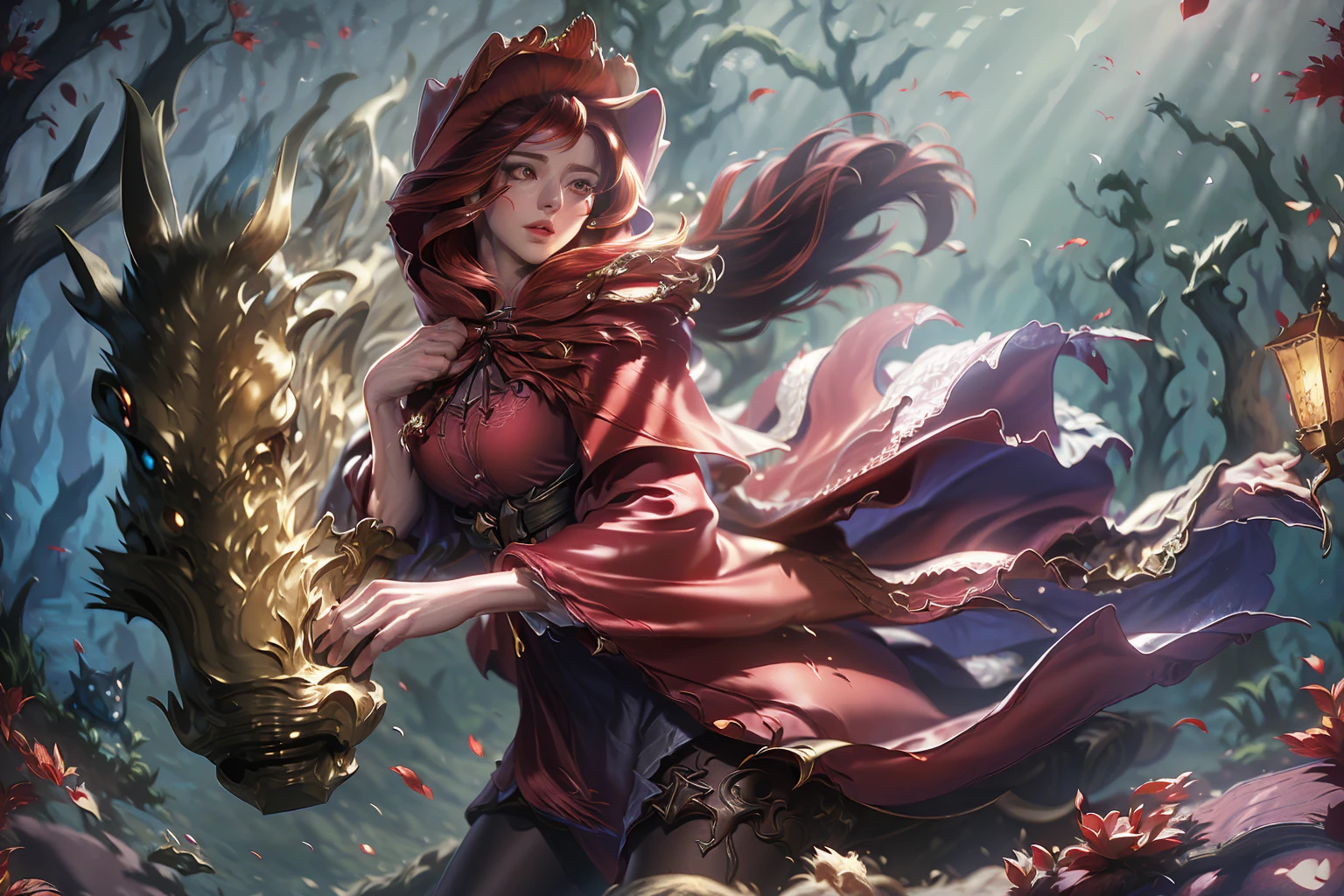 a beautiful young woman with long flowing red hair, wearing a red hooded cloak, holding a wicker basket, standing in a dark forest, a large wolf next to her, seductive and alluring expression, detailed facial features, highly realistic, cinematic lighting, warm color tones, dramatic atmosphere, (best quality,4k,8k,highres,masterpiece:1.2),ultra-detailed,(realistic,photorealistic,photo-realistic:1.37),fantasy,fairytale,dramatic lighting
