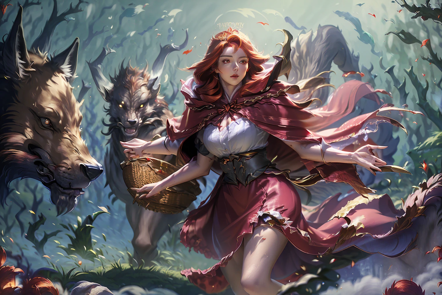 a beautiful young woman with long flowing red hair, wearing a red hooded cloak, holding a wicker basket, standing in a dark forest, a large wolf next to her, seductive and alluring expression, detailed facial features, highly realistic, cinematic lighting, warm color tones, dramatic atmosphere, (best quality,4k,8k,highres,masterpiece:1.2),ultra-detailed,(realistic,photorealistic,photo-realistic:1.37),fantasy,fairytale,dramatic lighting
