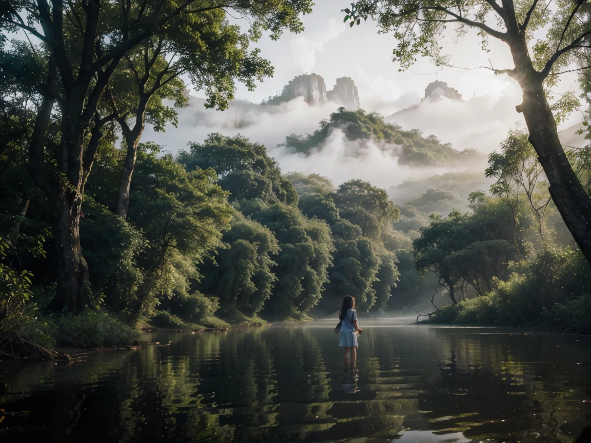 little adventurer girl，river in the fog, Mystical forest lagoon, dreamy scene, Индонезия National Geographic, in a serene landscape, Mystical scene, Mysterious lake, Beautiful Vietnamese jungle, mystical setting, Beautiful setting, Tranquil environment, early morning light, Awesome atmosphere, Morning River, enchanting and otherworldly, lost in a dreamy fairytale landscape, many colors