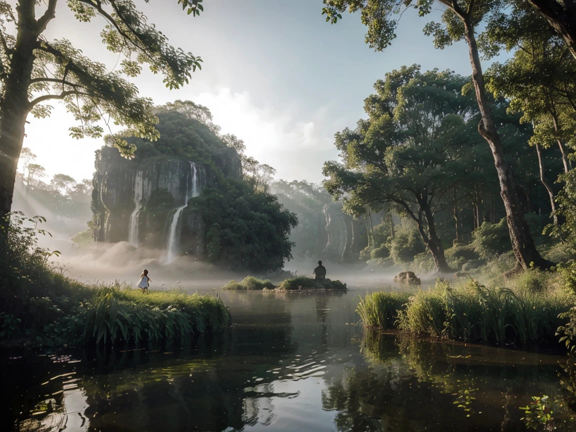 little adventurer girl，river in the fog, Mystical forest lagoon, dreamy scene, Индонезия National Geographic, in a serene landscape, Mystical scene, Mysterious lake, Beautiful Vietnamese jungle, mystical setting, Beautiful setting, Tranquil environment, early morning light, Awesome atmosphere, Morning River, enchanting and otherworldly, lost in a dreamy fairytale landscape, many colors