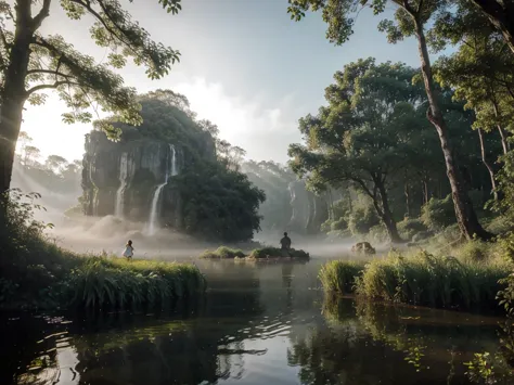 little adventurer girl，river in the fog, mystical forest lagoon, dreamy scene, индонезия national geographic, in a serene landsc...