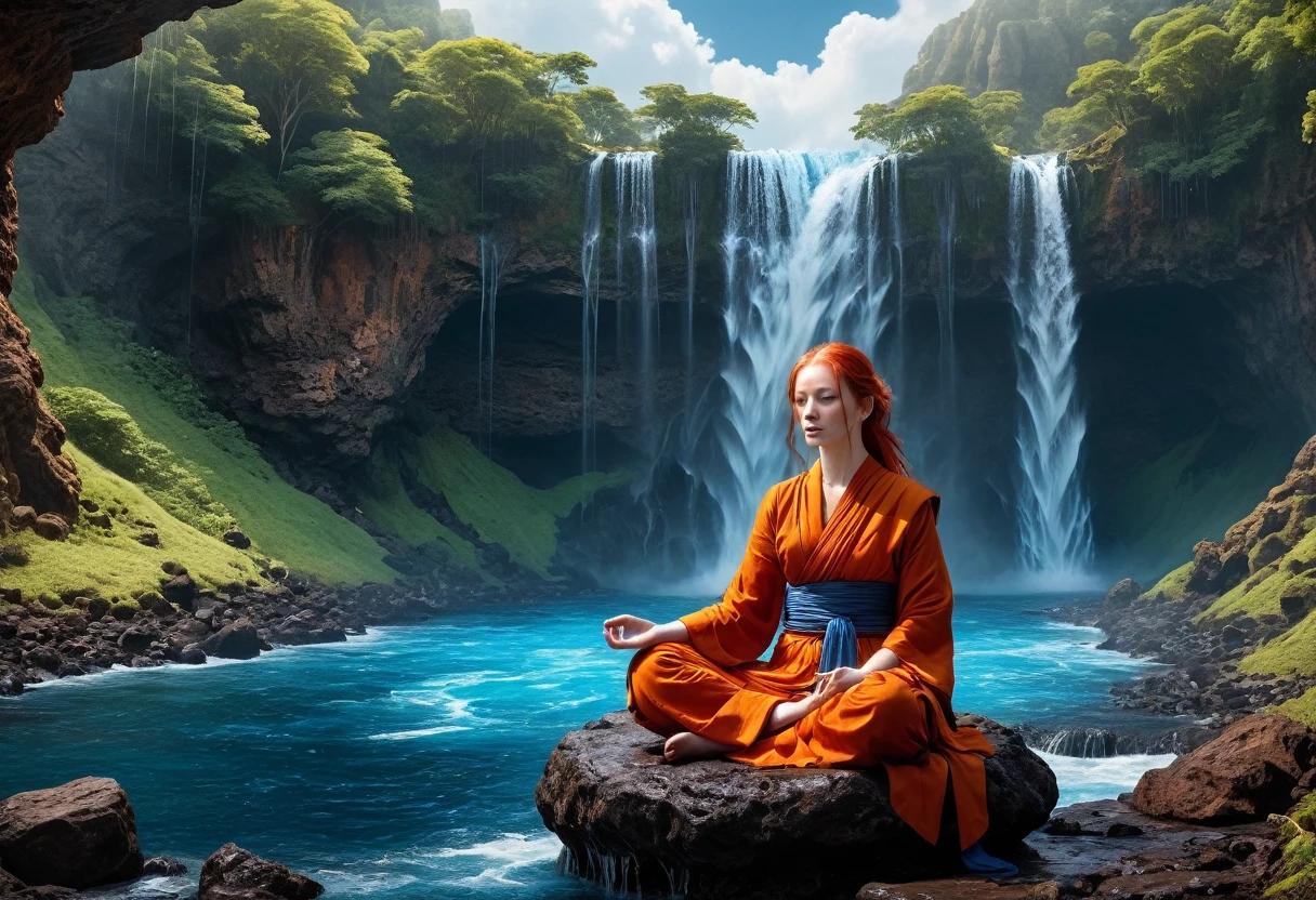 a picture of a (female monk: 1.2) sitting and meditating near a waterfall, at the base of the waterfall,  there is a human woman monk wearing monk garbs, meditating near a bonfire near an (epic sized waterfall: 1.3), red hair, long hair, full body (best details, Masterpiece, best quality :1.5), ultra detailed face (best details, Masterpiece, best quality :1.5), ultra feminine (best details, Masterpiece, best quality :1.5), exquisite beautiful (best details, Masterpiece, best quality :1.5) red hair, long hair, wavy hair, pale skin, blue eyes, intense eyes, water coming down from a volcanic cliff, multi level water falls, several pools created in different levels, forming new waterfalls, water cascading into a (large lava pool: 1.3) steam rising, clear water in many hues of blue and azure, fantasy art, photorealistic, D&D art, ultra best realistic, best details, best quality, 16k, [ultra detailed], masterpiece, best quality, (extremely detailed), ultra wide shot, photorealism, depth of field, hyper realistic painting, faize