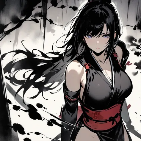 top quality, masterpiece, beautiful girl,female ninja,ninja costume,ink painting, lurking in the shadows,dark night