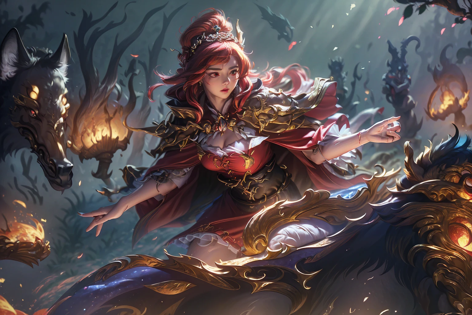 a beautiful detailed girl with chapéuzinho vermelho, wolf ears and wolf tail, alchemist, holding a cesta, sensual, highly detailed, 8k, photorealistic, intricate details, dramatic lighting, cinematic, chiaroscuro, moody atmosphere, fiery colors, deep shadows, glowing eyes, captivating expression, (best quality,4k,8k,highres,masterpiece:1.2),ultra-detailed,(realistic,photorealistic,photo-realistic:1.37),HDR,UHD,studio lighting,ultra-fine painting,sharp focus,physically-based rendering,extreme detail description,professional,vivid colors,bokeh