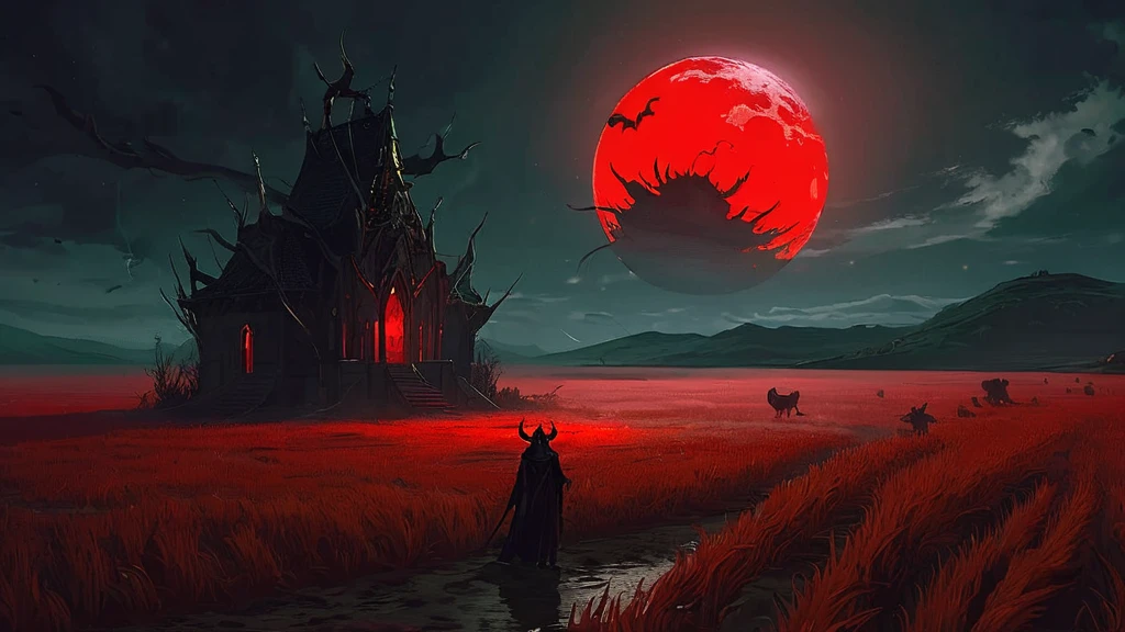 Under the ominous glow of a blood-red moon, a lone wheatfield stretches out, its golden stalks rustling eerily in the night breeze. Amidst this sea of swaying grain, a small, sinister creature lurks, its malevolent presence casting a shadow over the tranquil landscape.

The creature, a satanic little monster with twisted horns and glowing eyes, prowls between the wheat stalks. Its skin is a mottled black and crimson, covered in runic markings that pulse with a dark energy. Sharp, jagged teeth glint as it grins wickedly, and its claws leave a trail of scorched earth in its wake.

In the distance, the ancient silhouette of a crumbling windmill looms, adding to the haunting ambiance of the scene. The moonlight bathes the field in a crimson hue, casting long, sinister shadows that dance with the movement of the creature.

Eerie whispers and distant howls fill the air, as if the night itself is alive with dark enchantments. The wheatfield, usually a symbol of harvest and life, now feels cursed, every stalk seeming to lean away from the demonic intruder.

What dark ritual summoned this monster on this night of the red moon? What sinister purpose drives it as it moves through the fields? This AI-generated image captures the unsettling and malevolent atmosphere of a dark medieval fantasy world, where evil forces roam freely under the blood moon."