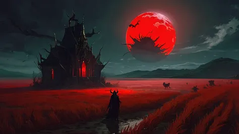 under the ominous glow of a blood-red moon, a lone wheatfield stretches out, its golden stalks rustling eerily in the night bree...