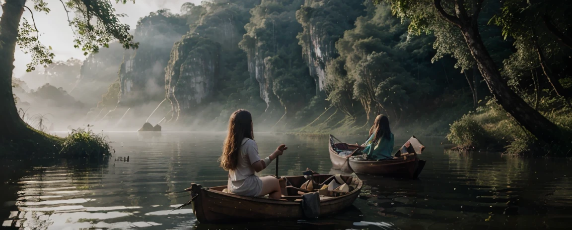 young adventurer girl，on a boat, minimum clothing, river in the fog, Mystical forest lagoon, dreamy scene, Индонезия National Geographic, in a serene landscape, Mystical scene, Mysterious lake, Beautiful Vietnamese jungle, mystical setting, Beautiful setting, Tranquil environment, early morning light, Awesome atmosphere, Morning River, enchanting and otherworldly, lost in a dreamy fairytale landscape, many colors