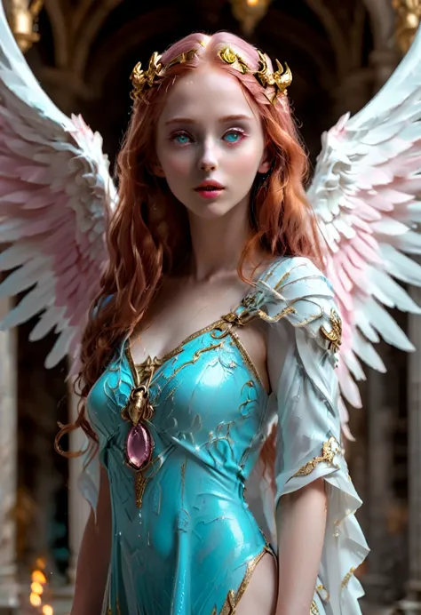 eris, beautiful greek goddess of discord, beautiful young adult woman with long red hair, white angel wings;which he wears loose...