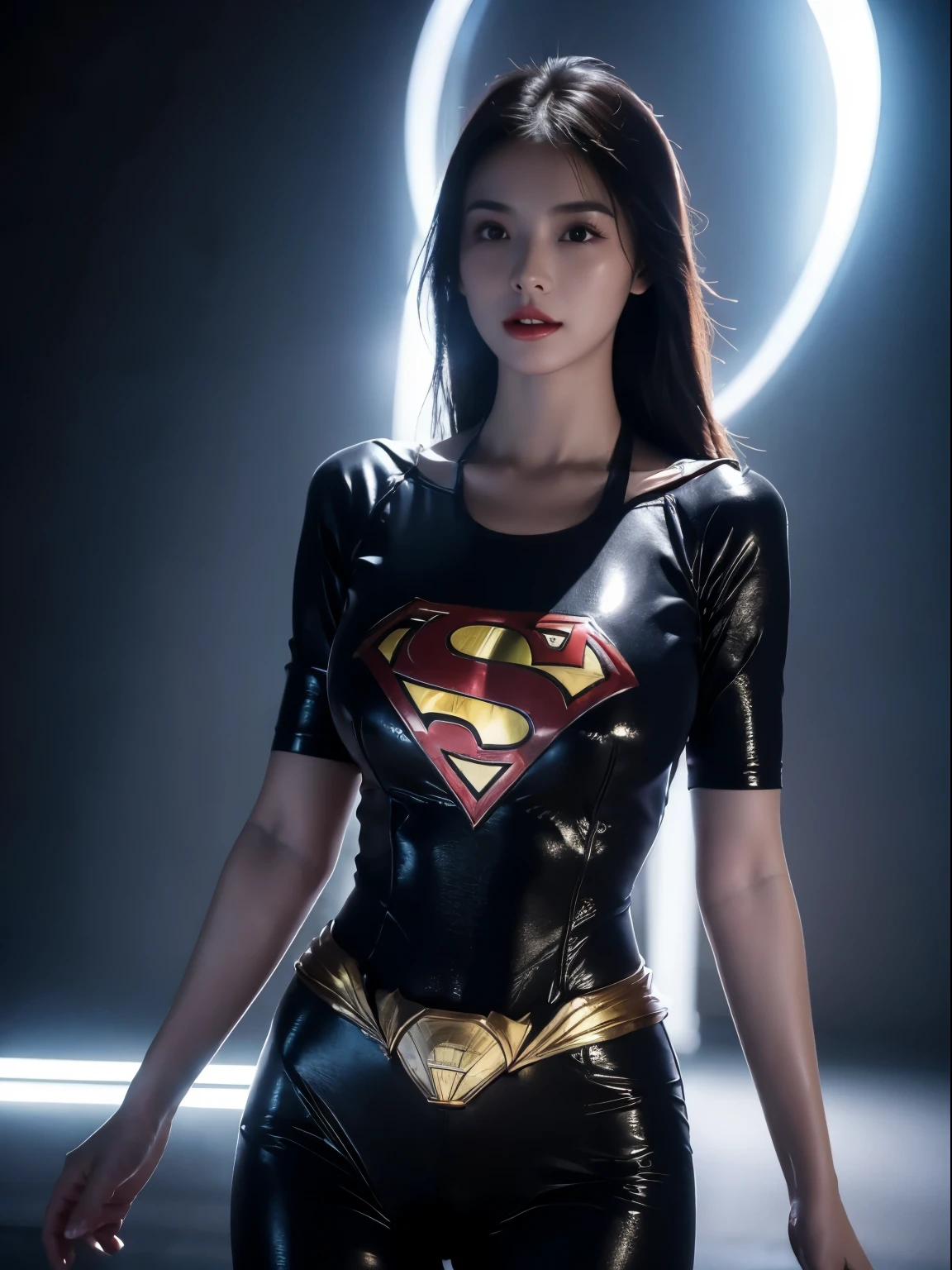 un gros plan d&#39;une femme asiatique dans un costume de superman debout sur un paysage urbain, Amouranth en super méchant, super photo réaliste, cosplay réaliste, super photo-réaliste, Ultra méga super hyper réaliste, fille de super-héros, photo super réaliste, super-héros body, photo de géante très détaillée, Super Girl, super-héros, super-héros portrait, Super modèle, super héros, Super photoréaliste, seins gigantesques, montrant le corps musclé des vulves, corps sexy,