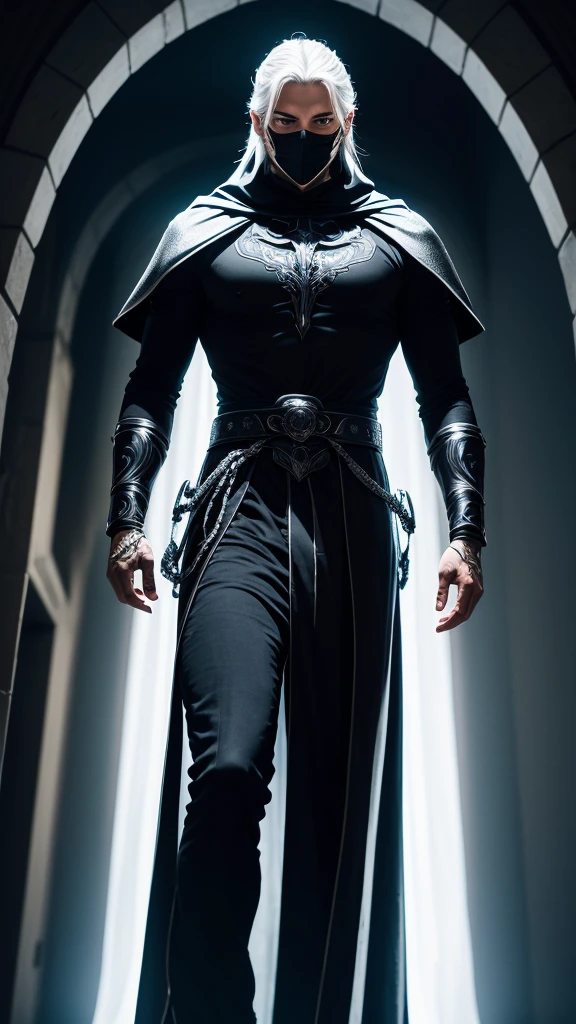 A man wearing an elegant black costume with silver accents. He wears a long, flowing cape that seems to be made of the shadows of the night. His mask covers the upper part of his face, leaving his firm jaw exposed, and he carries a gleaming sword