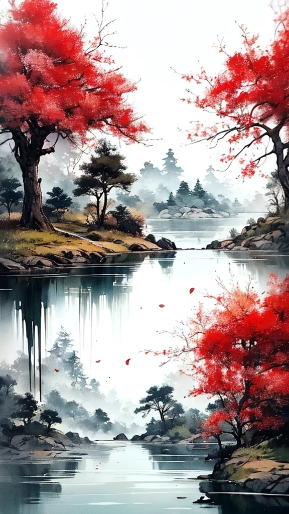 landscape ,background\(black sky,withered flowers all over the ground,a thick red water\), BREAK ,quality\(8k,wallpaper of extremely detailed CG unit, ​masterpiece,high resolution,top-quality,top-quality real texture skin,hyper realisitic,increase the resolution,RAW photos,best qualtiy,highly detailed,the wallpaper\), masterpiece, 1 picture, paint tree leaves ( red )