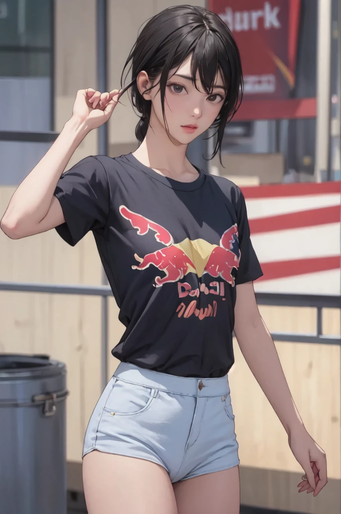 ((masterpiece, best quality)),((highres:1.2)), 1 Girl, solo, Blurred Background, (((Small breasts))), Thighs, (Stripe underwear), red bull T-Shirts, nipple