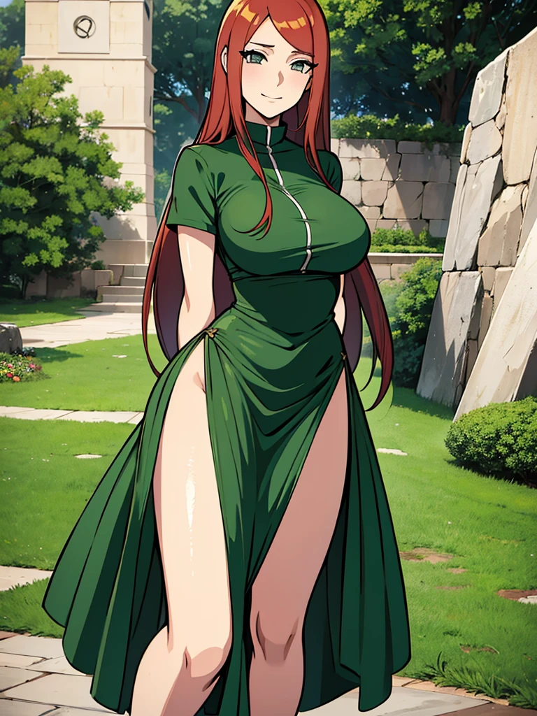 uzumaki_kushina, large_breasts, standing, solo, kushina_green_dress, masterpiece, best quality, detailed face, detailed eyes, highres, smile, (masterpiece:1.4, best quality:1.2), (Highres), (Detailed Illustration), Ultra-Detailed, konohagakure, uzumaki_kushina, kushina_green_dress, standing straight, looking in front,