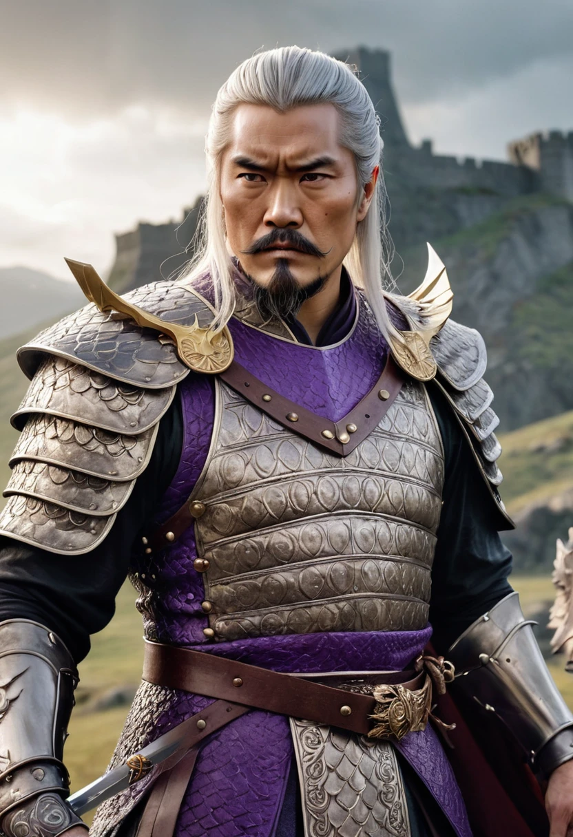 (Masterpiece artwork, 8K, uhd, high resolution: 1.4), imposing portrait of Aegon, The Conqueror, (Cao Cao, broad-shouldered and powerful-looking: 1.3), (piercing purple eyes: 1.2), (short silver and gold hair: 1.2), (dressed in a black scale shirt: 1.3), (wielding the Valyrian Steel sword, Blackfyre: 1.3), (wearing a simple Valyrian steel crown set with large square-cut rubies: 1.2), (next to your majestic dragon: 1.2), (atmosphere of battle and conquest: 1.3), (scenery of a medieval battlefield in the background: 1.1), realistic and intricate details, (authoritarian and charismatic perspective: 1.3), (elements of power and leadership: 1.2)