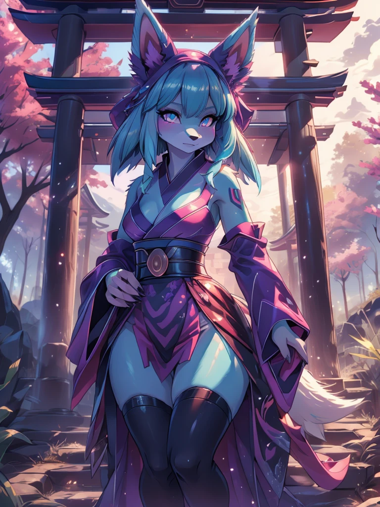 Miku Hatsune x vixen high definition good anatomy agregar_detalle:1, pelaje azul,Orejas de Kitsune, tribal tattoo agregar_detalle:1, cute girl agregar_detalle:1, feudal priestess clothing agregar_detalle:1, japanese shrine landscape agregar_detalle:1, japanese shrine costume agregar_detalle:1, agregar_detalle:1, fullbody  descalza agregar_detalle, highly detalleed face, deep aqua iris agregar_detalle:1 lighting eyes agregar_detalle:3, garras de lobo, sharp fangs agregar_detalle:1, wild slut agregar_detalle:1, aura of resplendent light agregar_detalle:3