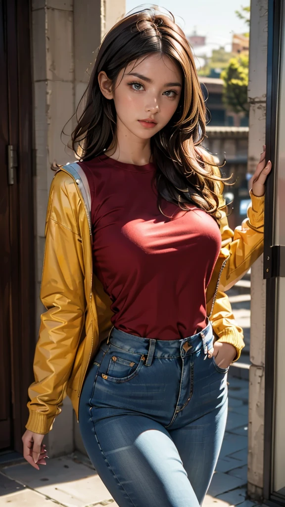 (((HD photo))), ultra high res.photorealistic:. 1.4, UHD, masterpiece, trending on artstation, upper body shot, 1girl, fashion photography, pretty, cute face, ((detailed face, detailed eyes)) most beautiful in the world, soft, delicate, (long red hair), large sagging breasts, slim waist, (wearing ski jacket, jeans, hires textures, intricate details), sunkissed, Delhi city