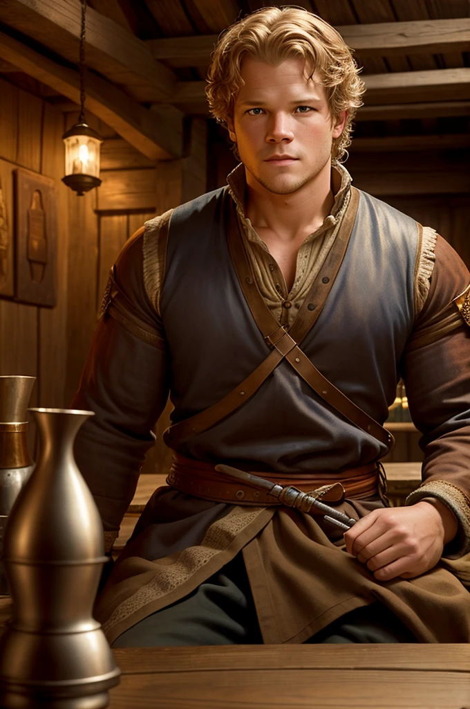 Christopher Egan as a handsome medieval knight sits at a table in a tavern, in front of him is a fat, obsequious innkeeper