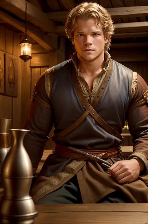 Christopher Egan as a handsome medieval knight sits at a table in a tavern, in front of him is a fat, obsequious innkeeper